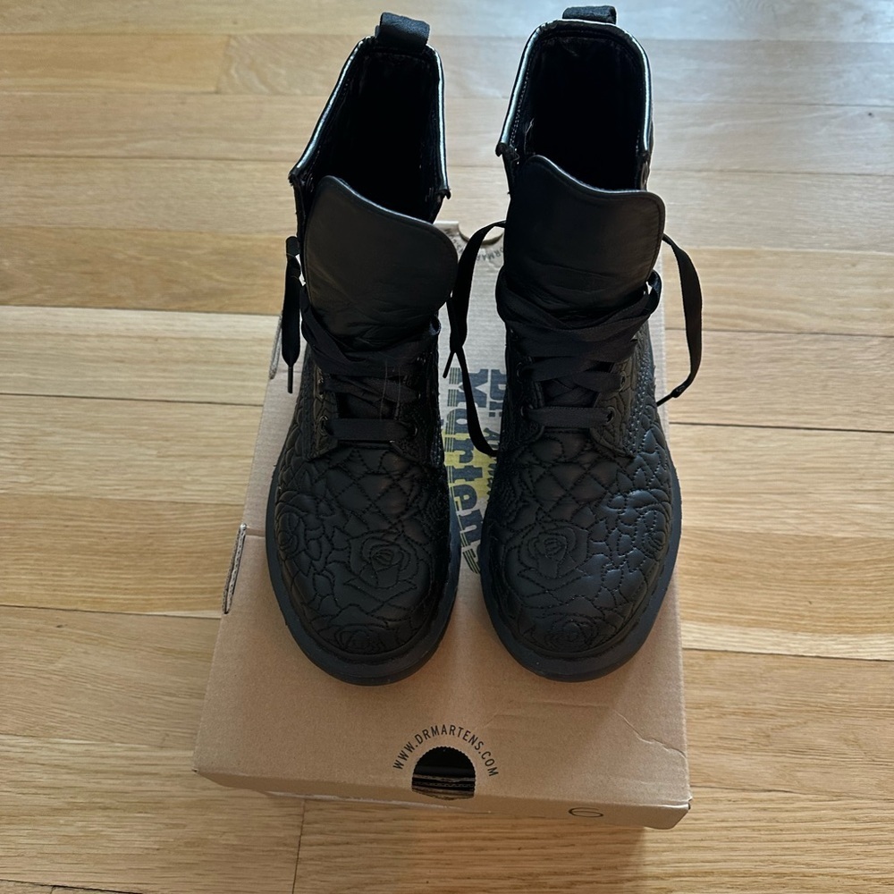 Black Quilted Combat Boots with Leather Finish - Picture 2 of 7